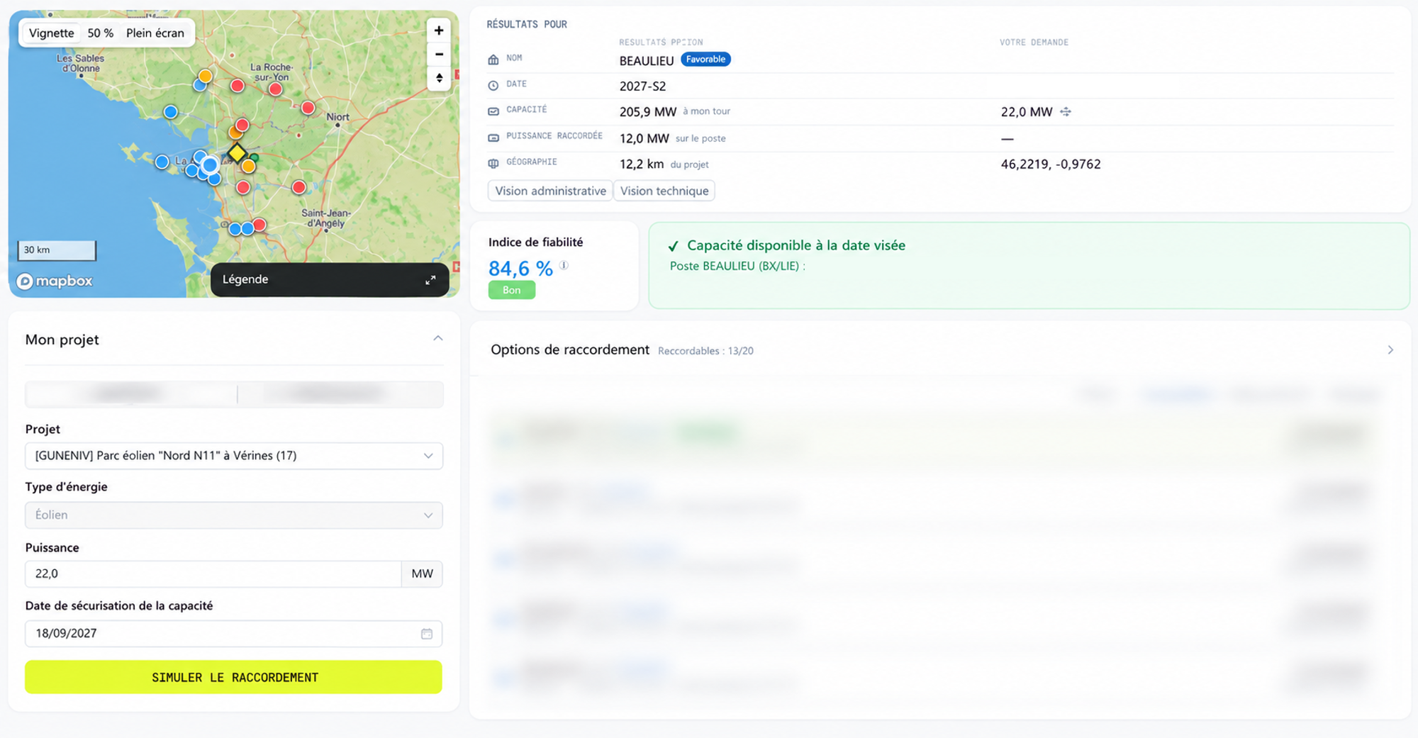 Interface de simulation de raccordement : carte des postes, capacités disponibles et options de raccordement