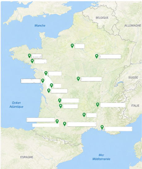 Carte des communes françaises où Inicio a sécurisé des terrains