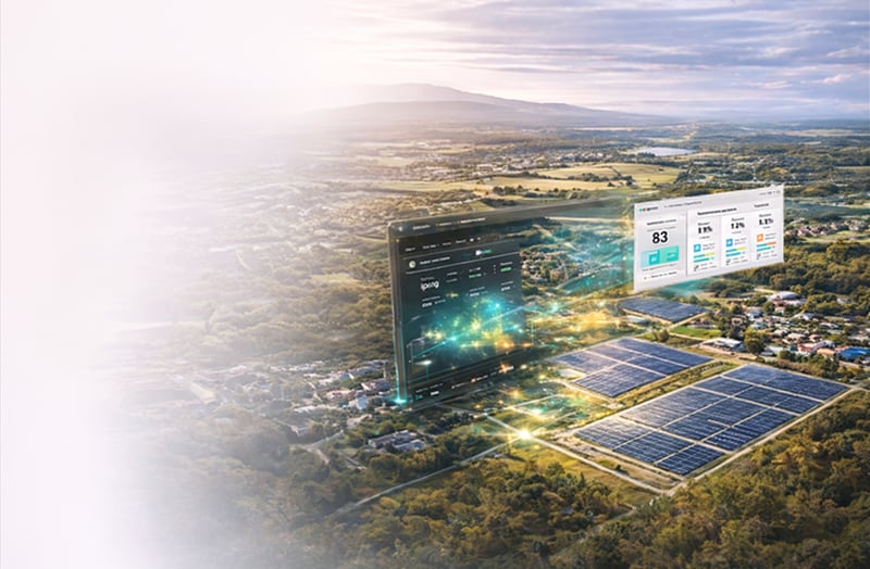 Vue aérienne d'un projet solaire et de son interface de données