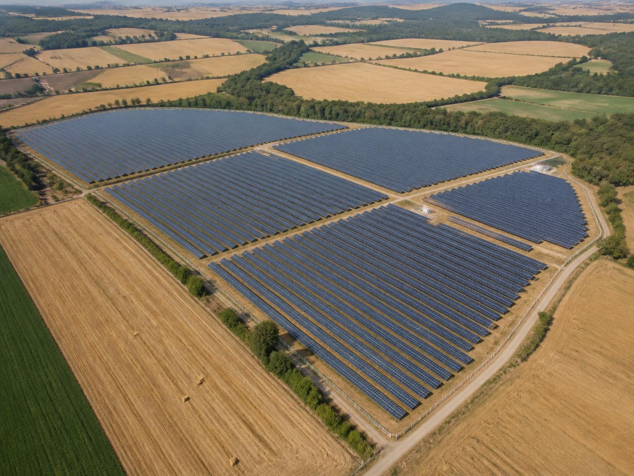 Vue aérienne d'une centrale solaire au sol intégrée à un paysage agricole